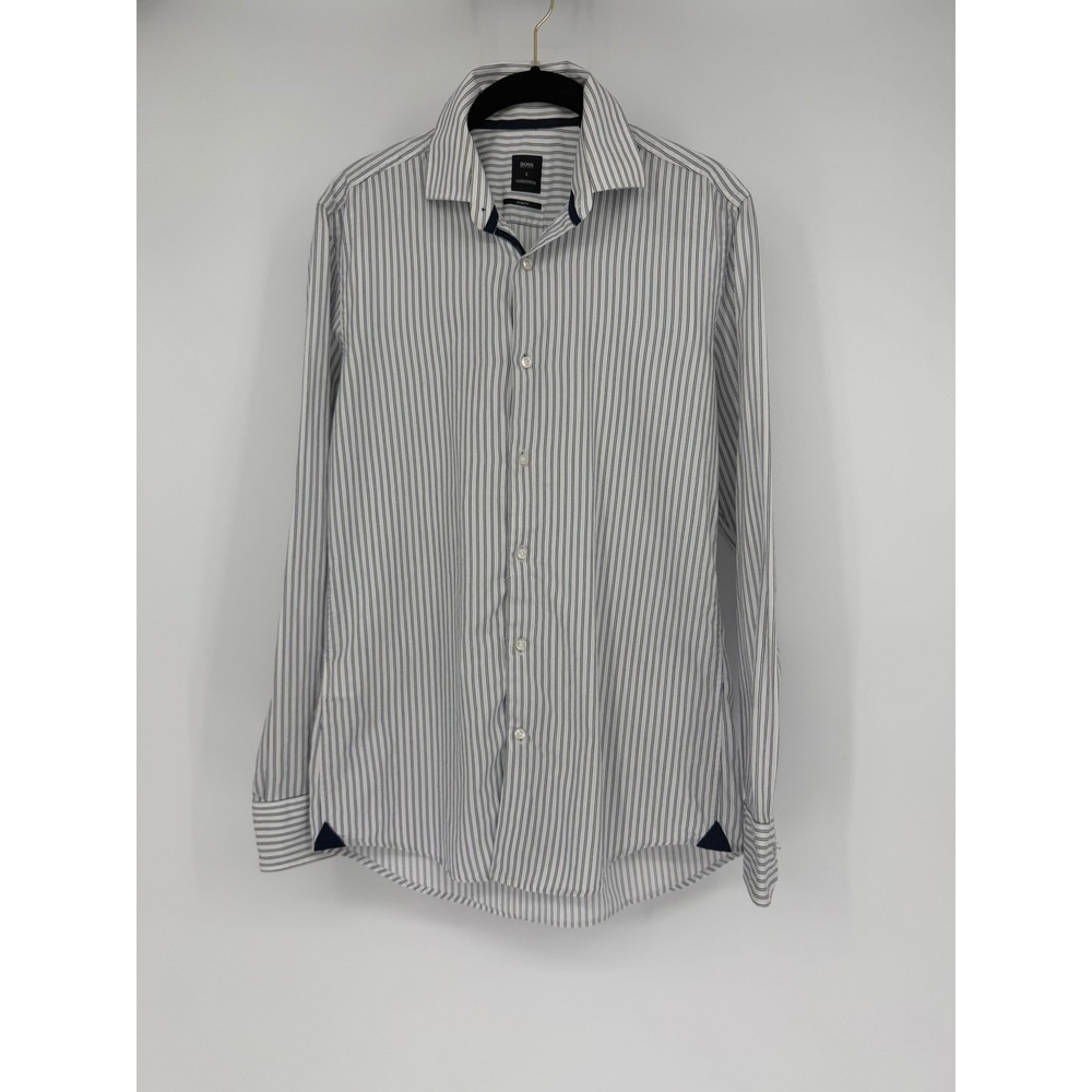 Hugo Boss x Nordstrom Slim Fit Striped Button Down Shirt White Navy Blue Cotton